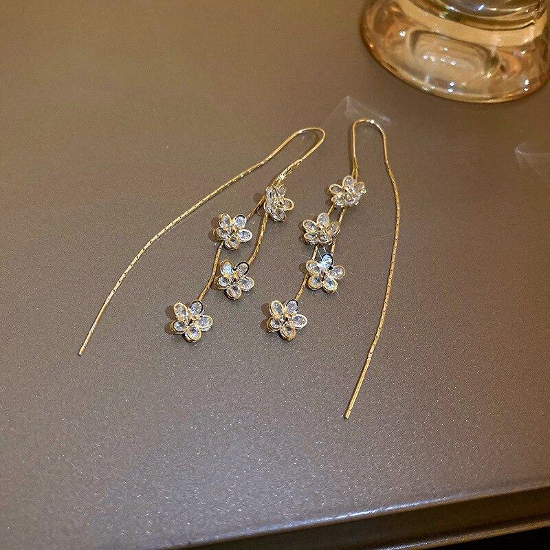 Flower Long Dangle Drop Earrings For Women Shiny Full Zircon Hanging Earring Summer Fashion Ear Jewelry For Party Wedding K0