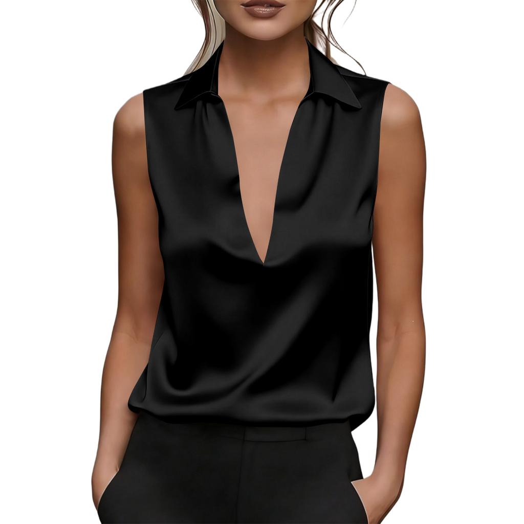 Blusa da Donna Colorata in Raso con Scollo a V e Senza Maniche per la Sera