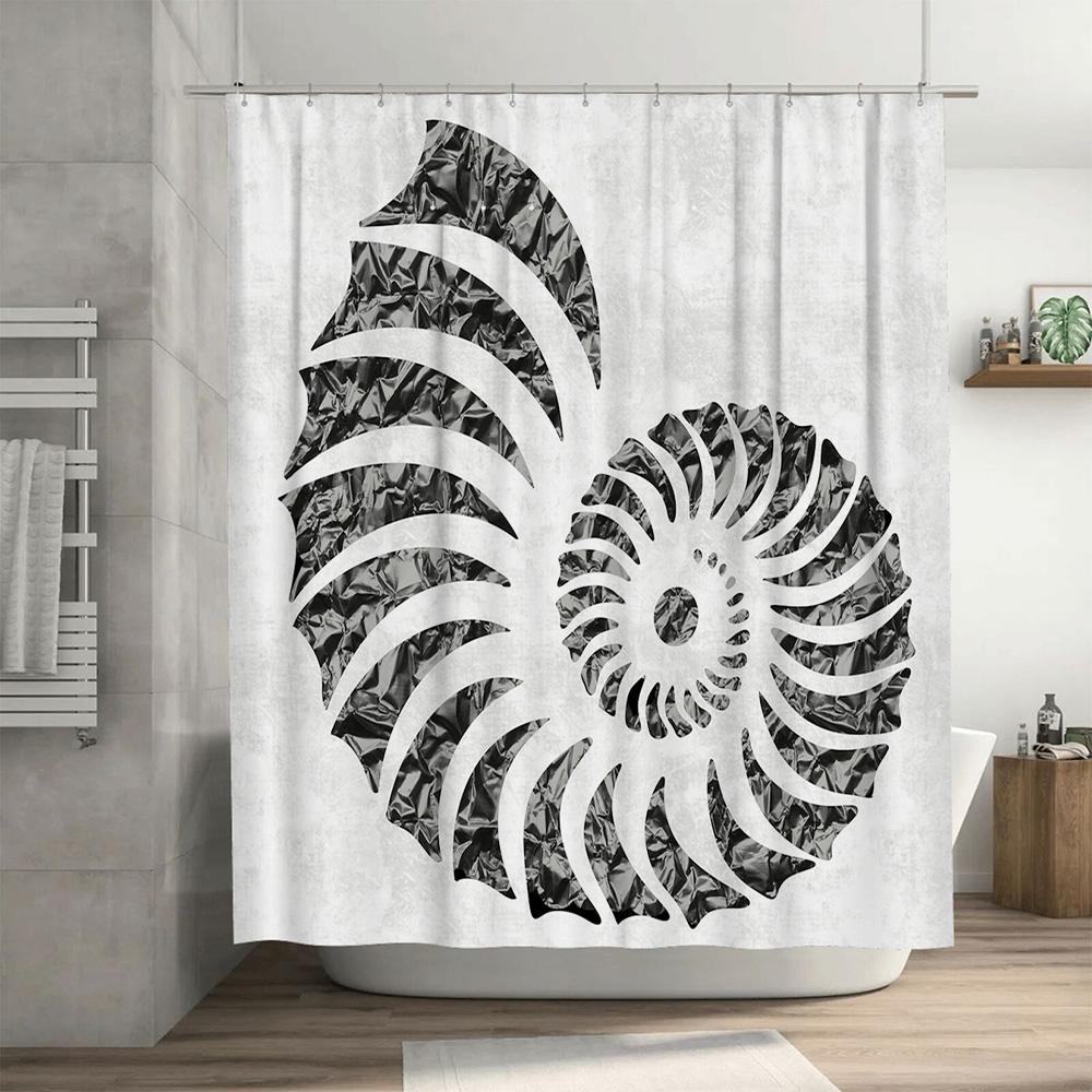 Modern Bathroom Shower Curtain Fabric Print Deco Decorative Waterproof TPU White with Black Shell Pattern Home Bath Decor Size 6