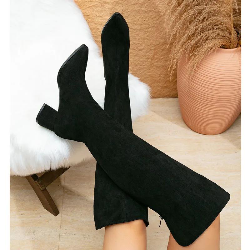 Winter Round Toe Women Over The Knee Long Boots Shoes Concise Zipper Square Heels Ladies Modern  De Mujer