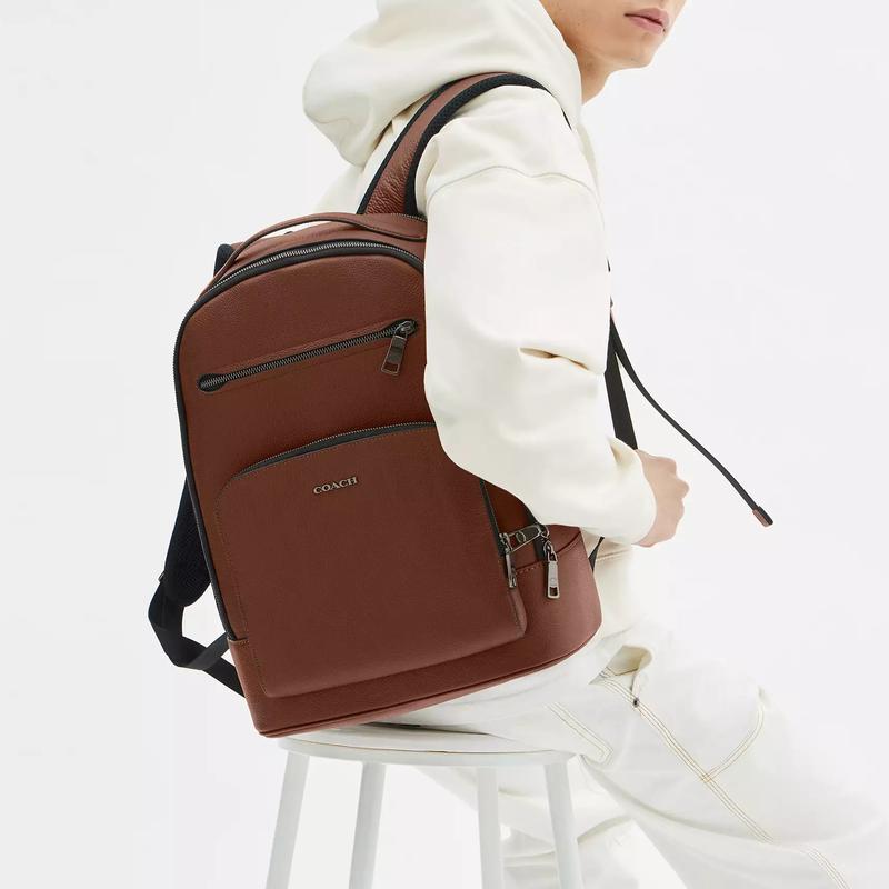 COACH ETHAN 32 Letter Logo Silver Hardware Pebbled Leather Backpack Large Men's Brown