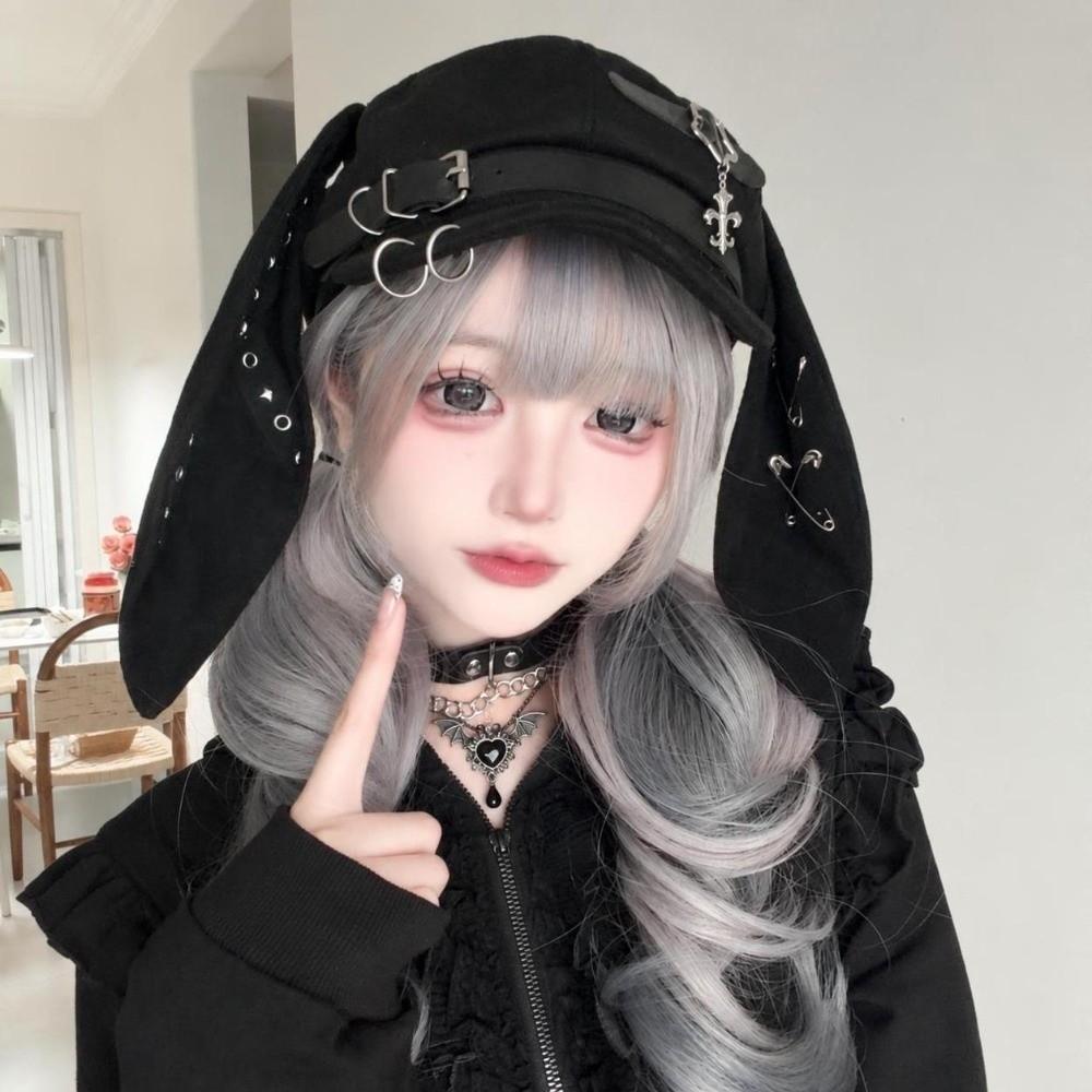 Rivet Buckle Long Rabbit Ears Beret Solid Color Chic Octagonal Hat Gothic Punk Hat for Girls