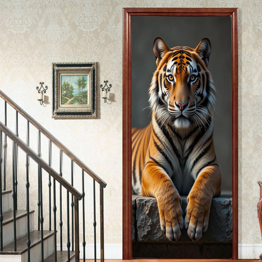 1 Stück Tiger Veranda Vinyl Türsticker Für Schlafzimmer Heimdeko Selbstklebend Abnehmbarer Wandaufkleber Türrenovierung Wasserdichtes Poster