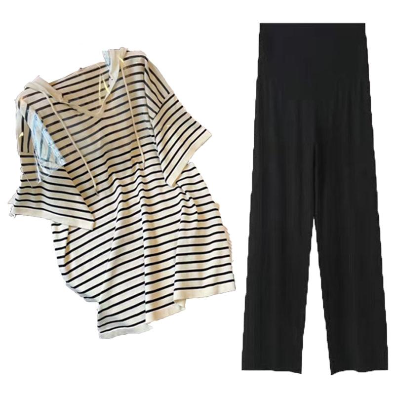 Maternity Clothes Summer Large Size Striped Medium-sleeved Hooded Mi To Cover the Belly and Look Thin Without Showing Off the Trendy Shirt