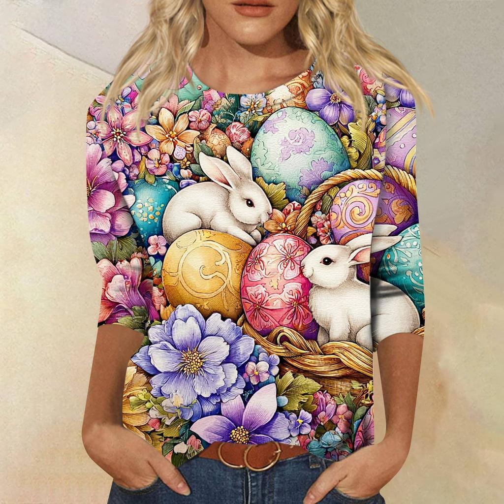 Top da donna casual con stampa di elementi pasquali, girocollo