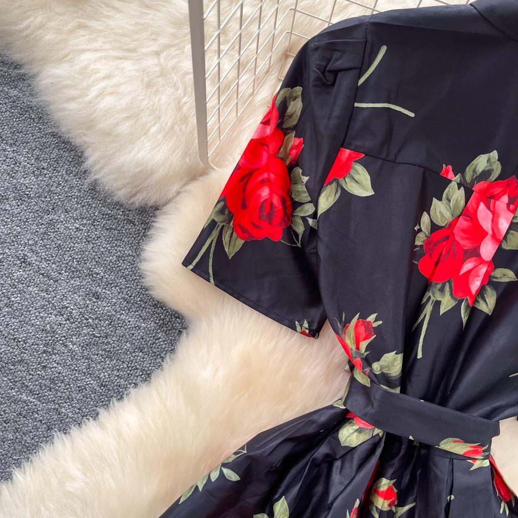New Summer Beach Gorgeous Floral Midi Dress Shirt Women Single Breasted Belt Lace Up Short Sleeve Long Party Dresses Office Lady