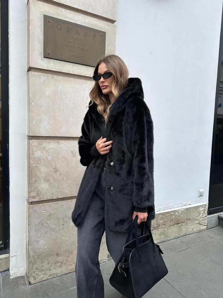 Women's Mid-Length Hooded Eco-Friendly Faux Mink Fur Coat with Belt