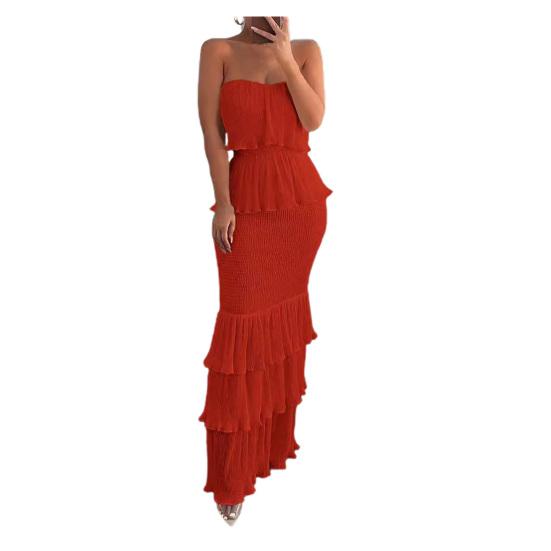 Abendkleid für Damen, schulterfrei, Bandeau, ärmellos, rückenfrei, plissiert, Rüschen, elastisch, schmal, einfarbig, Cocktailparty, Bankett, Abschlussball, Maxikleid