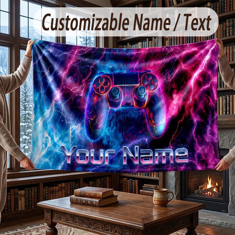 Game Controller Theme Throw Blanket Custom Name Text Personalized Blanket Soft Cozy Blanket for Home Sofa Bed