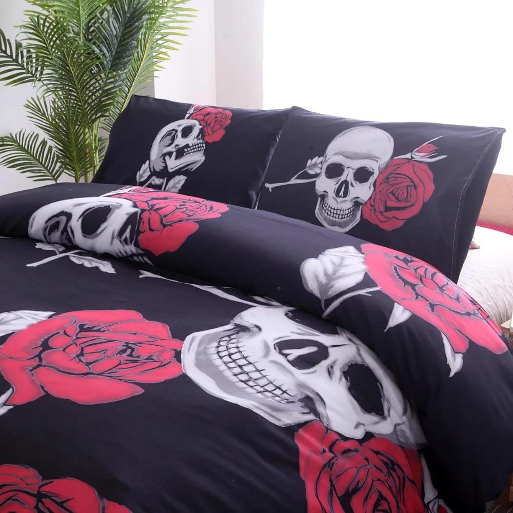 Luxury Comforter Bedding Set Halloween Gifts Bed Cover Set 100% Microfiber Fabric Rose Skull Reactive Printing California King