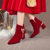 Jesienno-zimowe buty ślubne dla celebrytów internetowych 2025 nowe bordowe świąteczne buty ślubne z dżetami i frędzlami na grubym obcasie, nie męczące stóp, modne buty