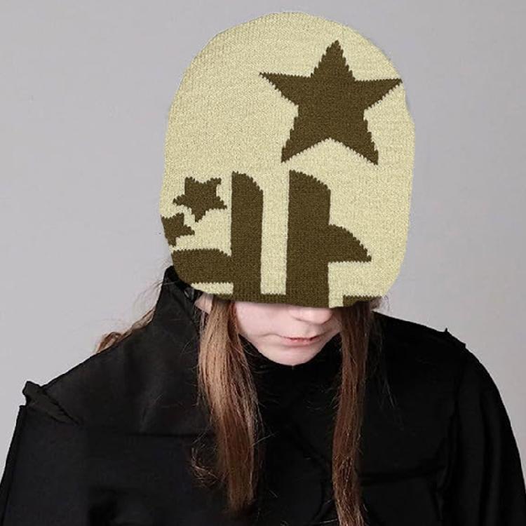 Women Knit Beanie Hats Warm Ear Protector Hat Teens Jacquard Star Handmade Hat