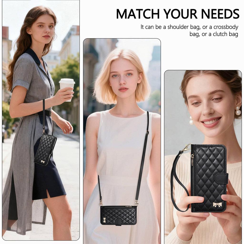 For Xiaomi 14T 15T 17 Pro Max 15 17 Ultra Poco F5 X6 X7 Pro M7 Crossbody Wallet Case, Quilted Zip Pocket Card Holder Lanyard