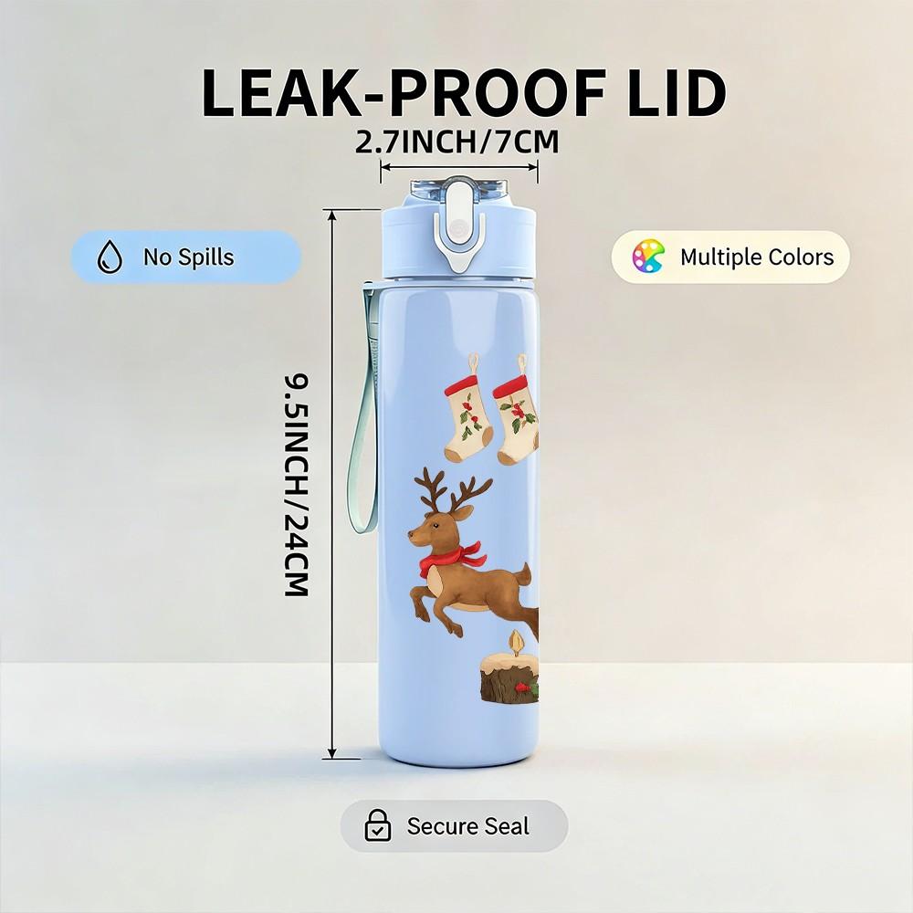 1PC Christmas Santa Deer Pattern 750ml Color Plastic Sports Water Bottle Leakproof Flip Straw Lid Suitable for Sports Office Home Use