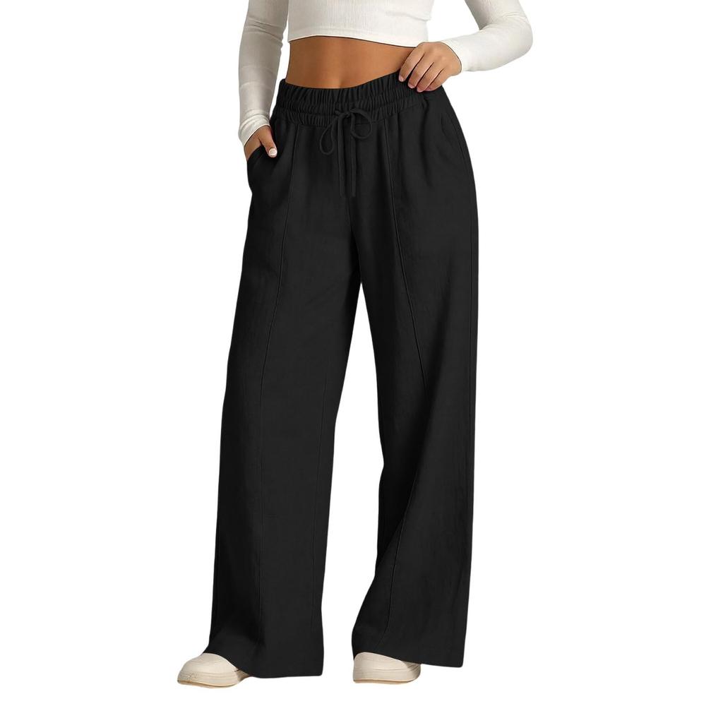 Women's Casual -Color High-Waisted Wide-Leg Drawstring Pants With Pockets
