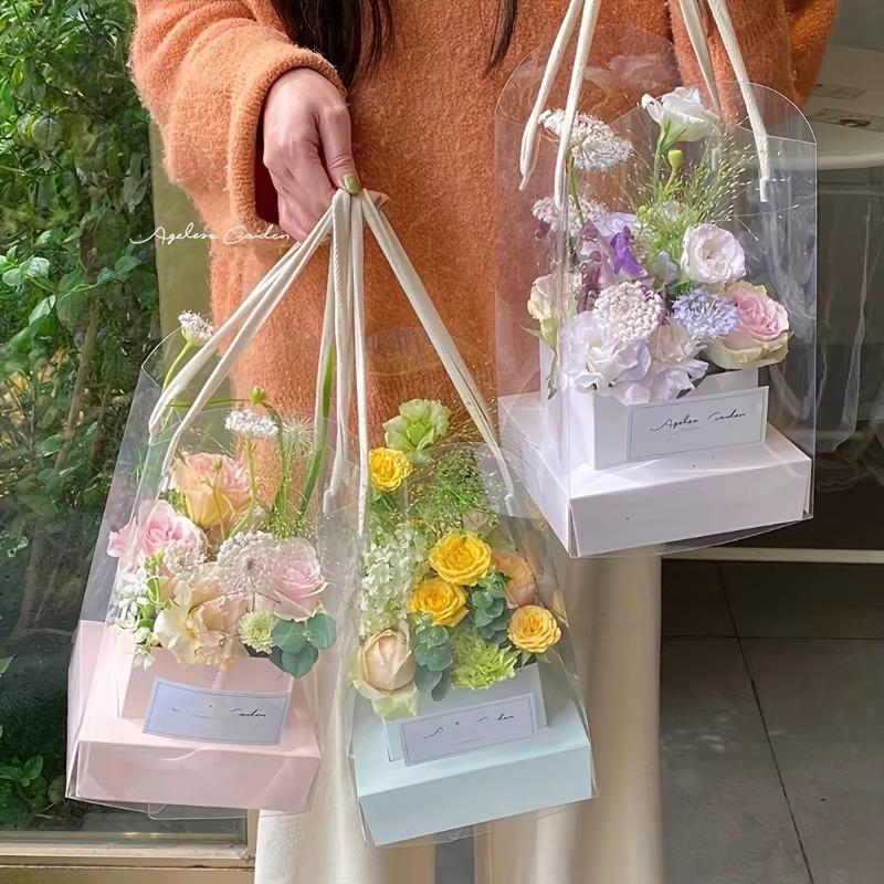 5/10pcs Large Transparent Flowers Packaging Box Tote Bag Art Flower Arrangement Box Plastic/Paper Flower Gift Boxes with Cutouts