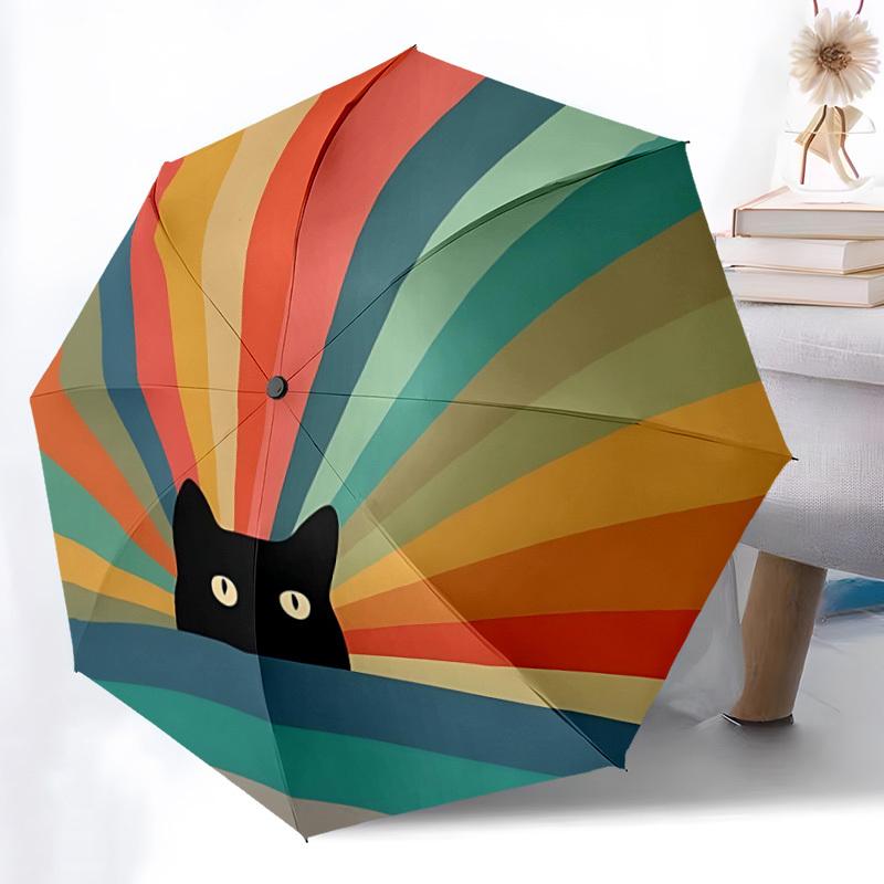1PC Cat Rainbow Automatic Windproof Umbrella 8 Rib Portable Folding Black Iron Frame for Outdoor, Beach, Travel, Beach Umbrella,S43