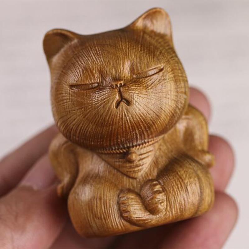Handmade Wood Carving Cute Little Cat Ornaments Sandalwood Arrogant Cat Figurine Sculpture Wood Decor Desktop Crafts Gifts