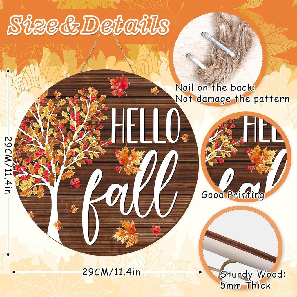Whaline Hello Fall Wooden Hanging Sign Maple Tree Front Door Sign Autumn Thanksgiving Welcome Sign for Harvest Indoor Outdoor Home Porch Wall Decor