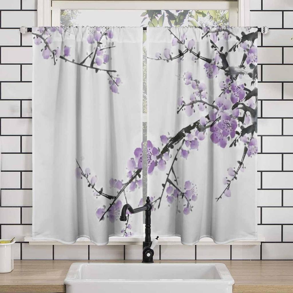 Purple Cherry Kitchen Tier Curtains, Spring Sakura Floral Cafe Curtains for Living Room,Bathroom,Dining Room Over Sink,Laundry