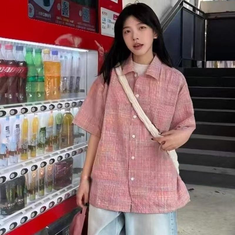 Pink Short Sleeved Women's Shirt Contrasting Retro Casual Turn-Down Collar Top Korean Style Simple Loose Ladies Coat