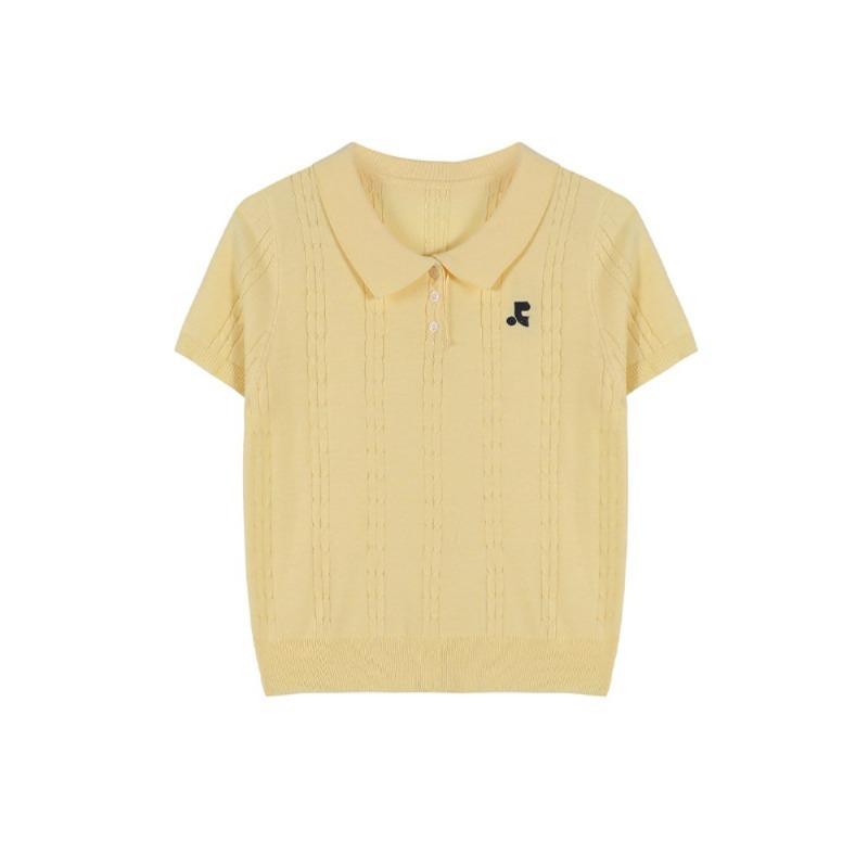 

Вышитый лацкан с короткими рукавами трикотажный свитер-топ для женщин F жёлтый