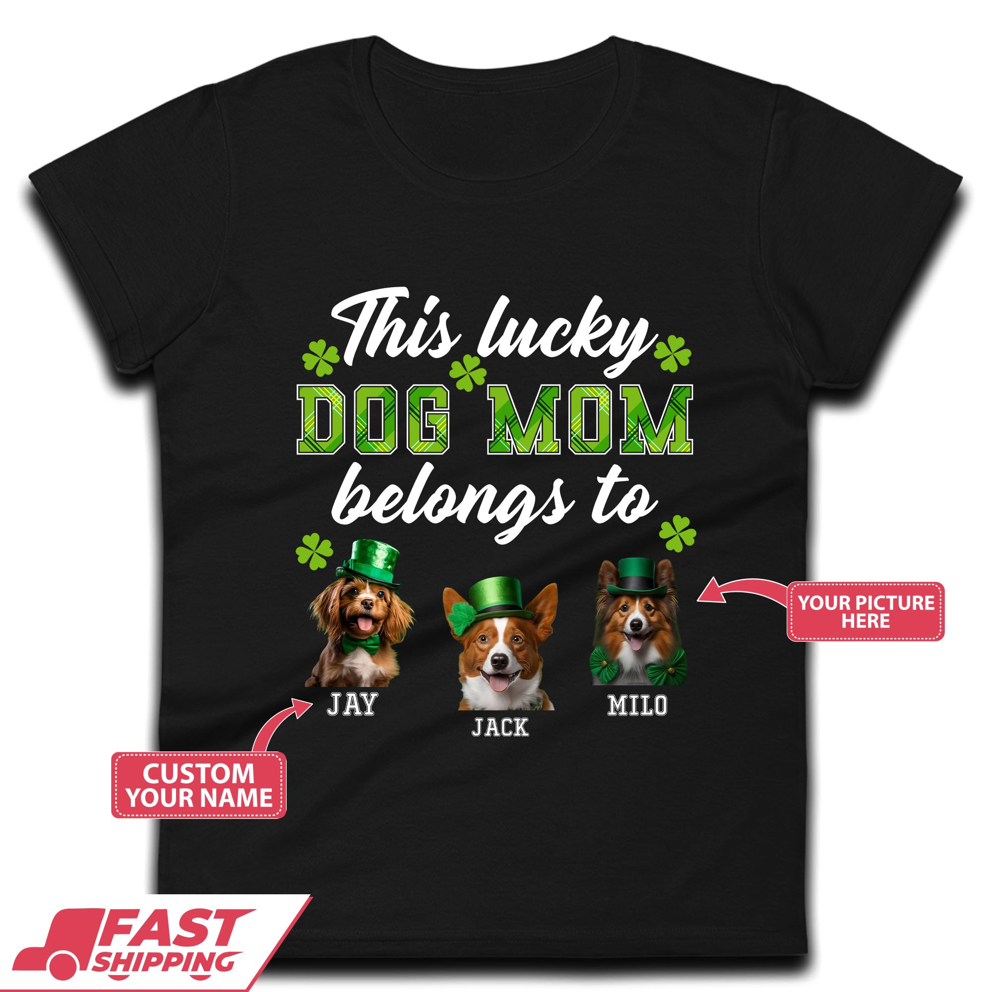 Personalised This Lucky Dog Mom Belongs Womens T-Shirt Mens Tops Tees Unisex XL