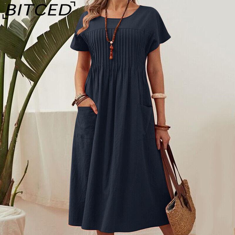BITCED Abito Estivo da Donna Taglia Forte Lungo Tinta Unita Cotone Lino Girocollo Tasche Pieghettato Maniche Corte Abiti