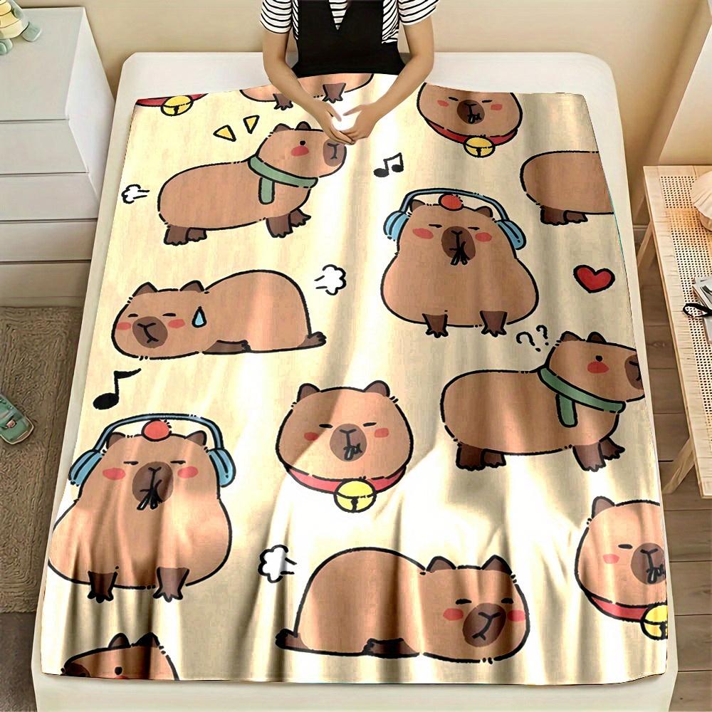100% Polyester Flannel Throw Blanket, Contemporary Cartoon Capybara Design, Reversible All-Season Digital Print Non-Woven Fabric