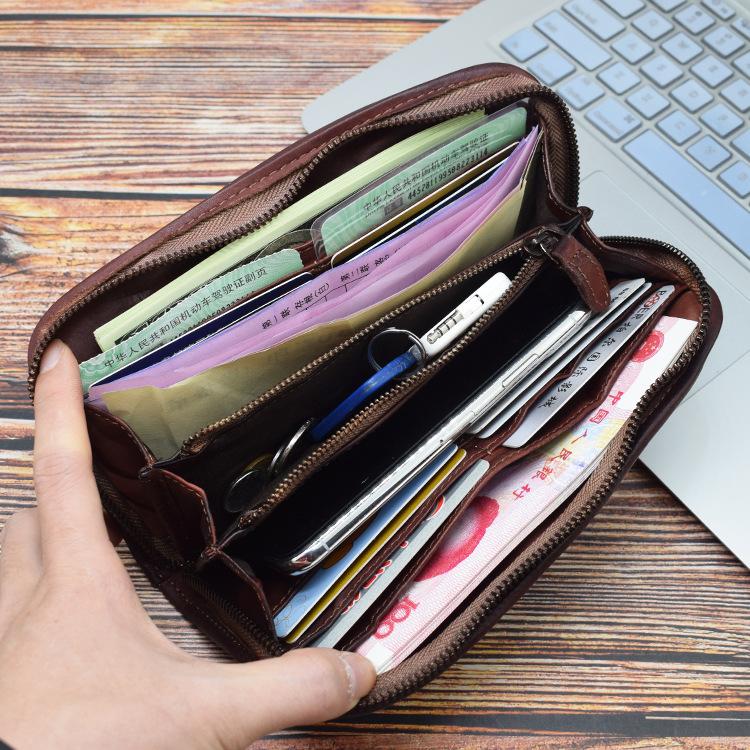 Hand-made Old Washed Tanned Leather Men's Hand Baotou Layer Cowhine Wallet Multi-functional Vintage Large Capacity Money Clip