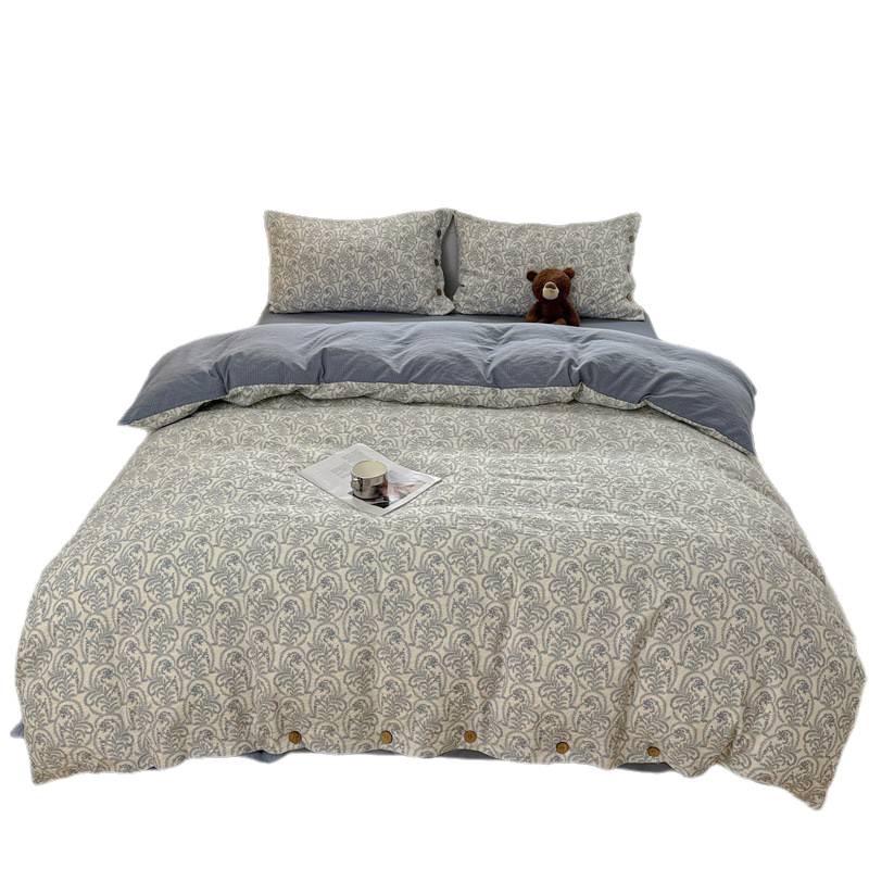 Retro Floral Linen Bedding Set: Autumn & Winter 4-Piece with Button Duvet Cover & Sheet