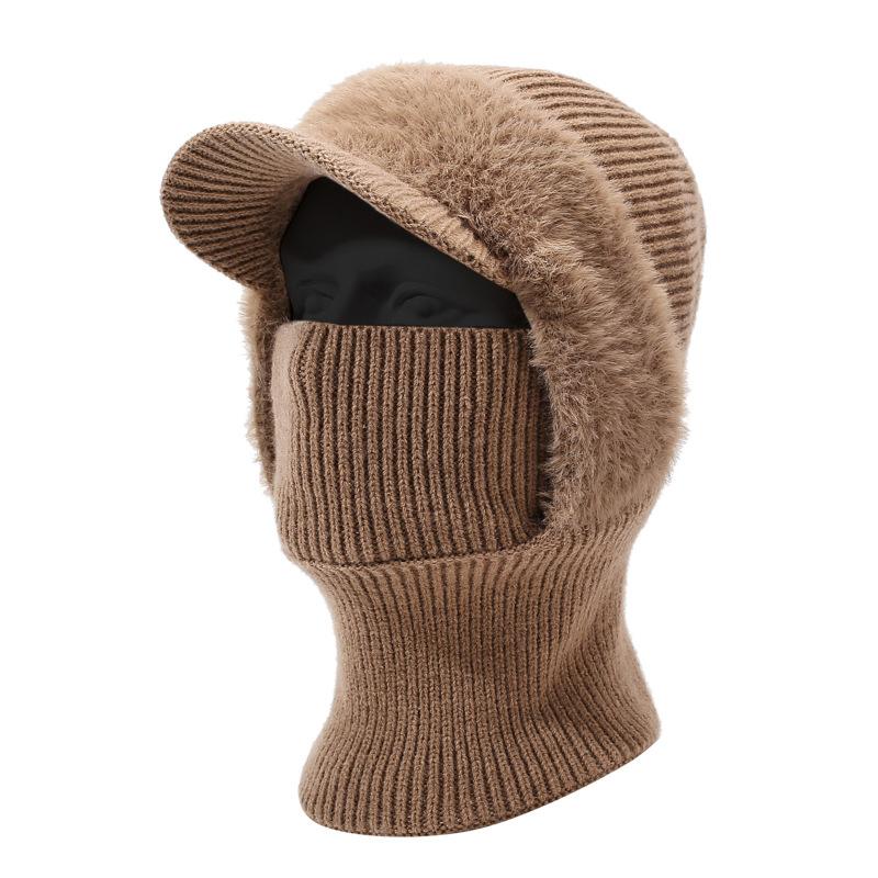 Autumn Winter Knitted Hat Scarf One-Piece Velvet Two-Piece Cap Warm Face-Covering Cold-Proof Wool Cap