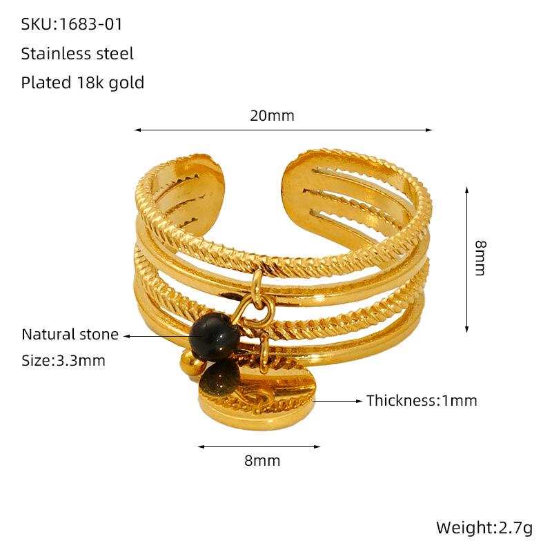 

New niche temperament natural stone pendant titanium steel women s ring, fashionable 18K gold open index finger ring чорний