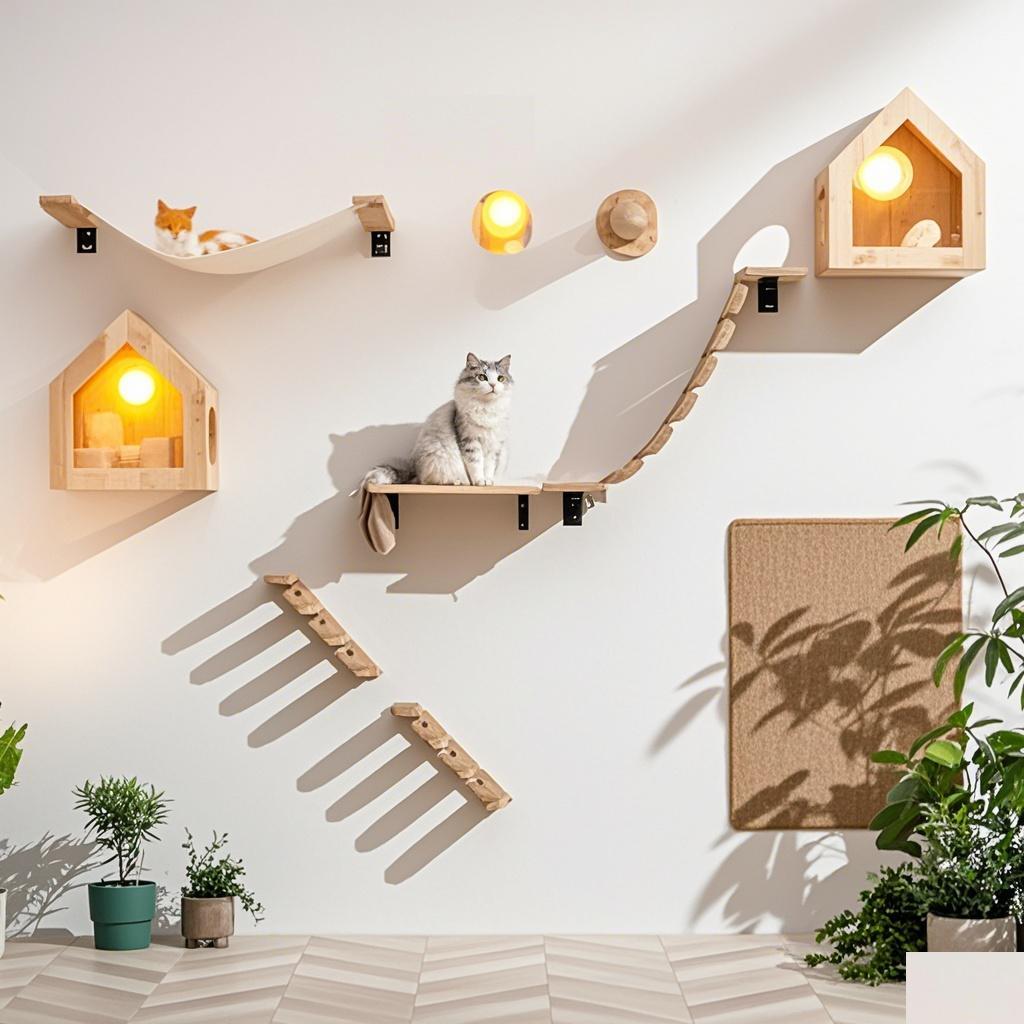1 Piece Wooden Scratching Climbing Post Climbing Ladder Jumping Platform with Stairs, Climbing Cat Bridge Nest Hammock