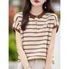 Striped short-sleeved T-shirt women's summer fashion high-end temperament shirt loose and thin POLO neck knitted T-shirt A