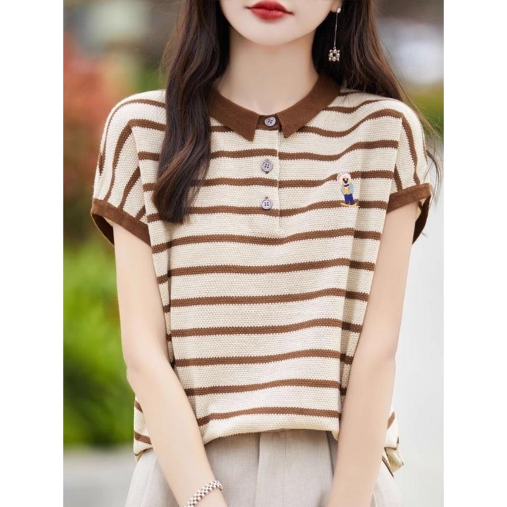Striped short-sleeved T-shirt women's summer fashion high-end temperament shirt loose and thin POLO neck knitted T-shirt A