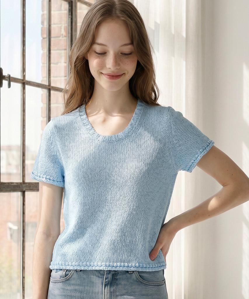 Seuneogeuyu Signature Cotton Chunky Scoop Neck Knit Top_Sky Blue