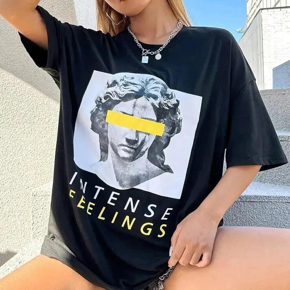 

Intense Feelings Drop Shoulder Tee T-Shirts Women Loose Oversize Tops Summer 100%Cotton High Quality Streetwear Hip Hop T-Shirt S