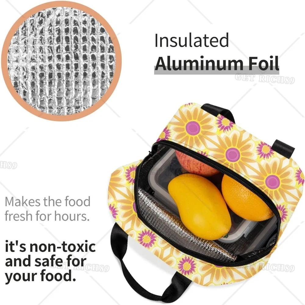 Orange and Yellow Flower Print Reusable Leakproof Lunch Box for Work Office Picnic Travel Portable Insulated Lunch Bag for Women