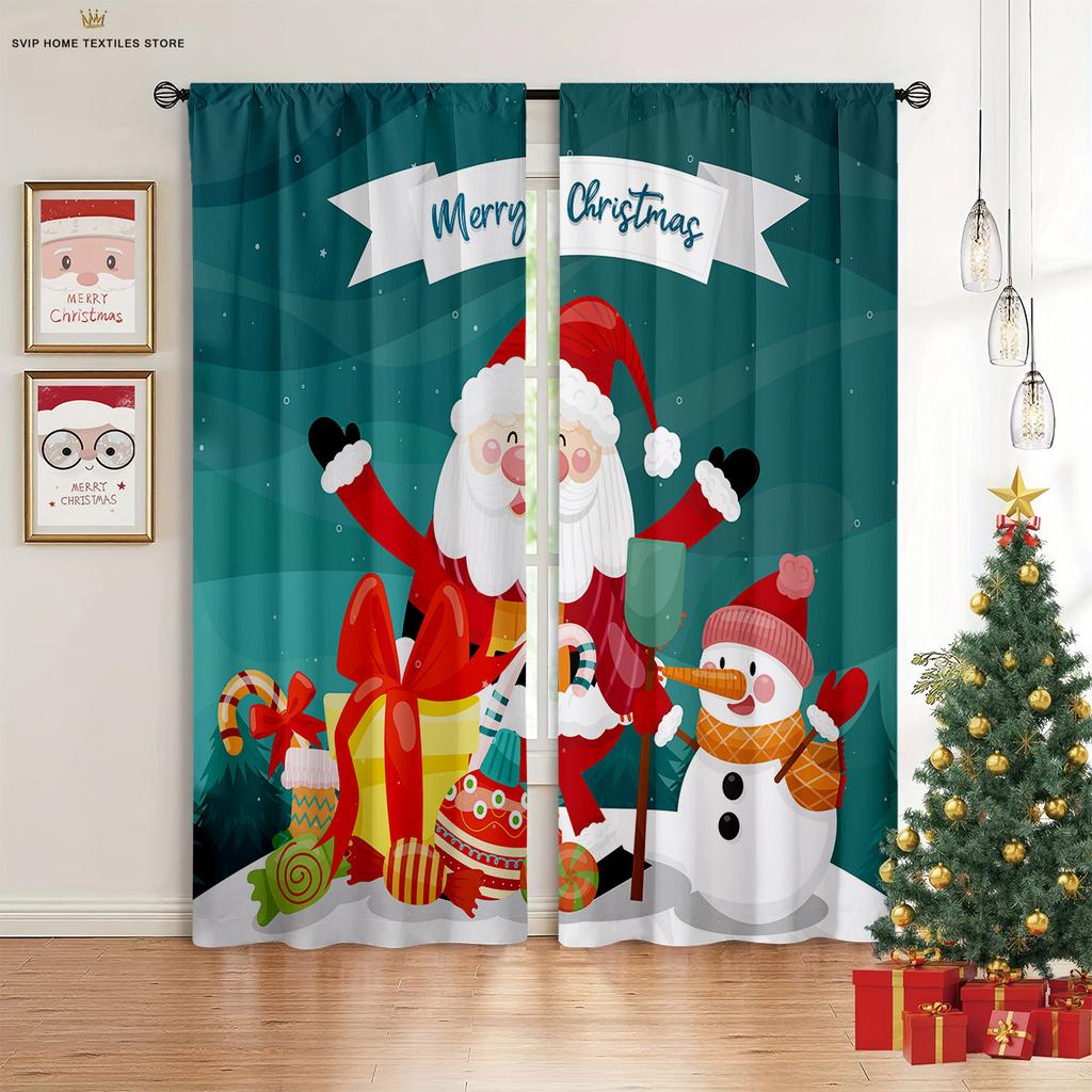 2 Pieces Christmas Decoration Curtains Christmas Tree Fireplace 3D Printing Curtains Suitable for Bedroom Dining Room New Year