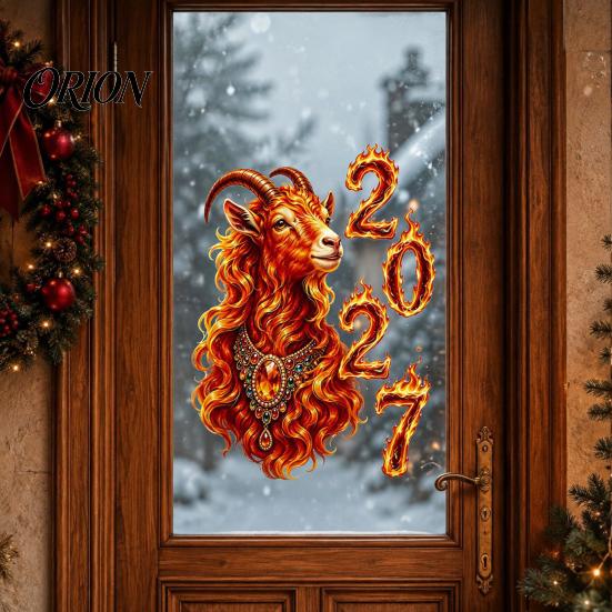Chinese New Year Party Supplies 2027 of Goat Window Cling, Lunar Zodiac Glass Removable Clings Sticker, Flame Style Spring Festival Door Decor