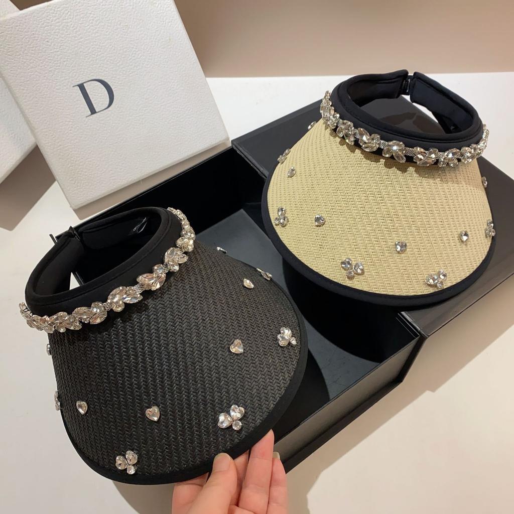 Summer New Empty Top Hat Women's, French Celebrity Rhinestone Sun Hat Outdoor Vinyl UV Protection Sun Hat