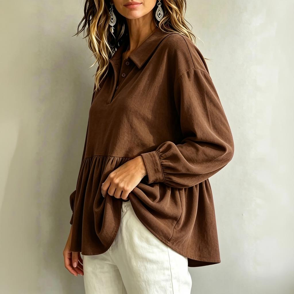 Women's Corduroy Blouse with Sleeves, Loose Fit and Waist Cinching for Casual Wear