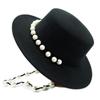 British Retro Black Woolen Flat Top Top Hat Women'S Autumn And Winter Pearl Chain Flat Brim Felt Hat Internet Celebrities Of The Same Style