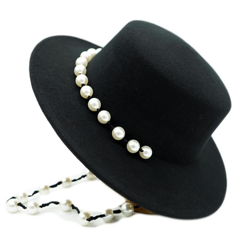 British Retro Black Woolen Flat Top Top Hat Women'S Autumn And Winter Pearl Chain Flat Brim Felt Hat Internet Celebrities Of The Same Style