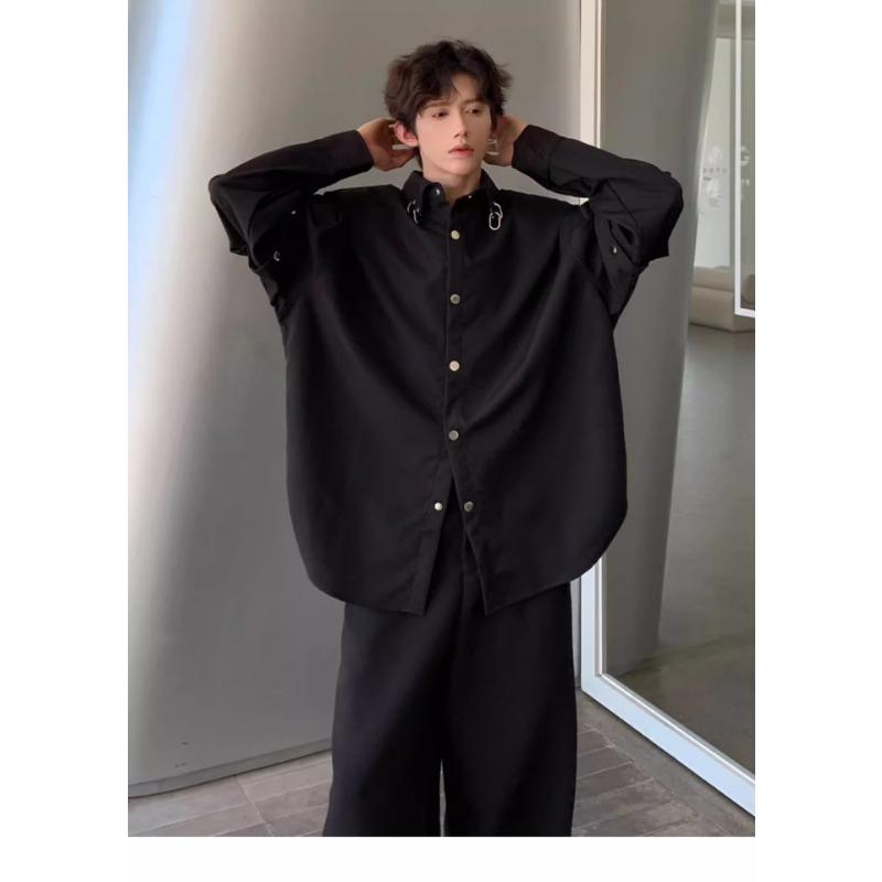 Men's Black Metal Ring Detail Button Down Shirt Casual Detachable Sleeve Oversized Streetwear Top