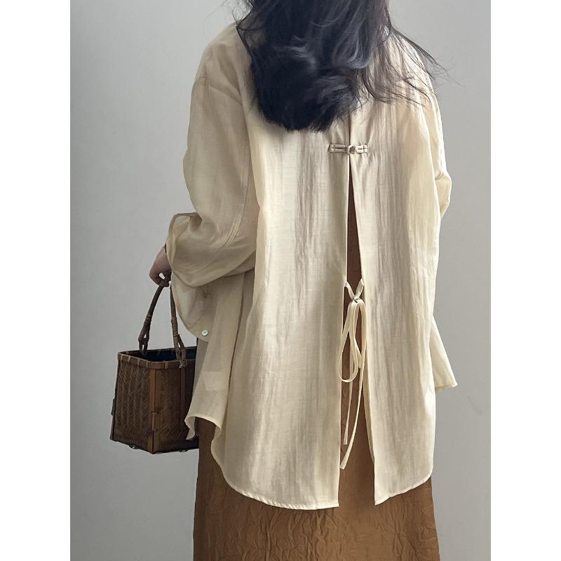 Chinese Plate Button Lightweight Sun Shirt Women's Summer Back Split Blouse Tops