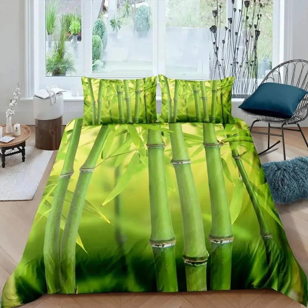 Bamboo Duvet Cover Set Bamboo Branches Bedding Set Tree Print Comforter Cover Fashion Retro Floral Style Quilt Cover Queen Size