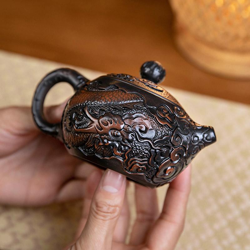 Purple Pottery Vintage Handmad Teapot Ceramic Carve Kung Fu Teapot Single Teapot Pu'er Tea Making Tea Sets Chinese Tea Pot