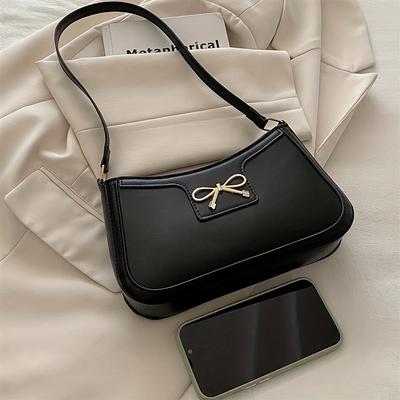 Chic Black Crescent Shoulder Bag for Women Elegant Underarm Purse with GoldenTe Bow Detail Polyester Lined Stylish PU Tote Bag